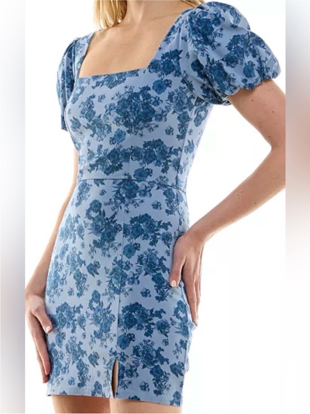 Trixxi Size Large Square-Neck Puff Sleeve Floral Mini Dress in Light Blue